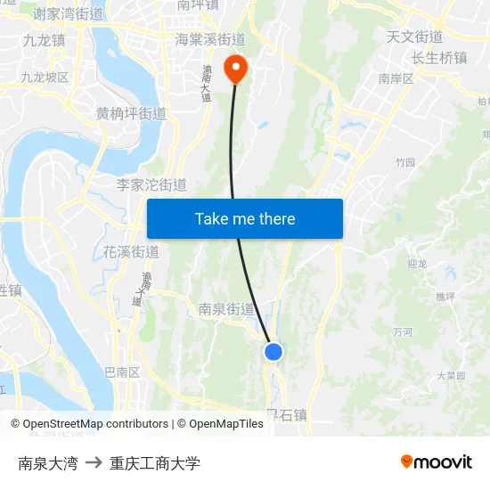 南泉大湾 to 重庆工商大学 map