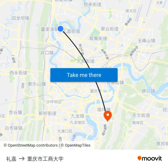 礼嘉 to 重庆市工商大学 map