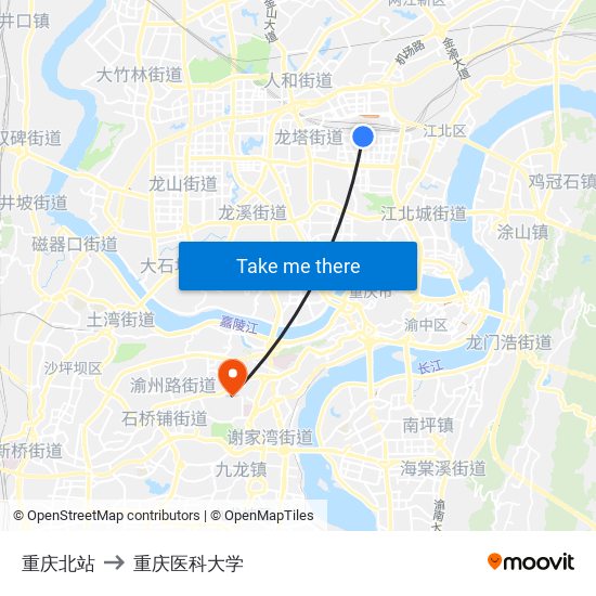重庆北站 to 重庆医科大学 map