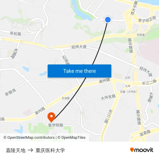 嘉陵天地 to 重庆医科大学 map