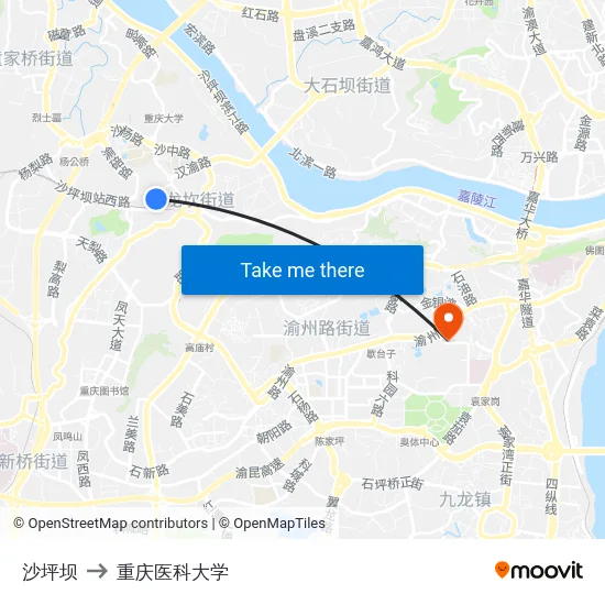 沙坪坝 to 重庆医科大学 map