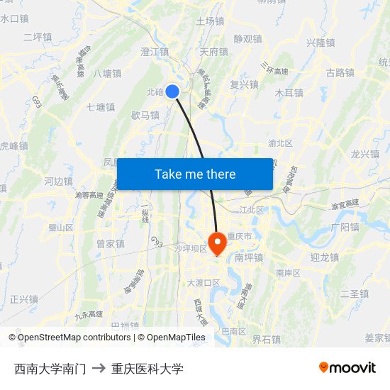 西南大学南门 to 重庆医科大学 map