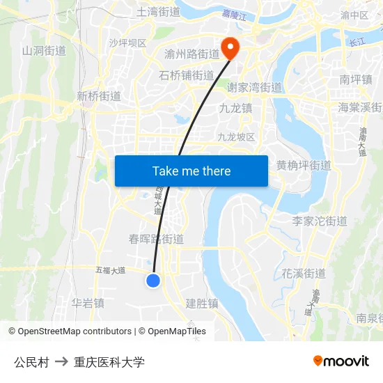 公民村 to 重庆医科大学 map