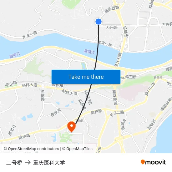 二号桥 to 重庆医科大学 map