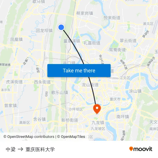 中梁 to 重庆医科大学 map