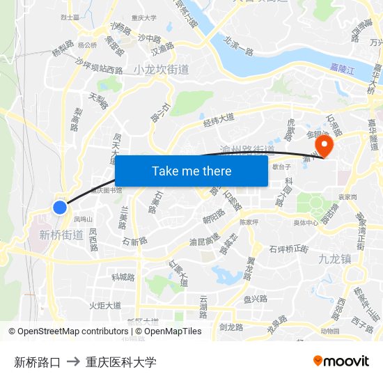 新桥路口 to 重庆医科大学 map