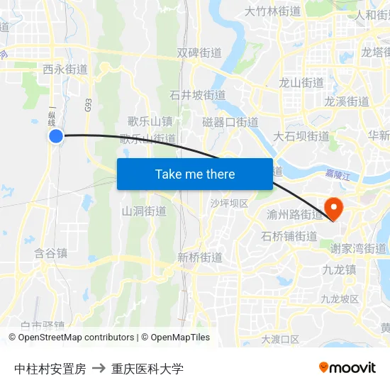 中柱村安置房 to 重庆医科大学 map
