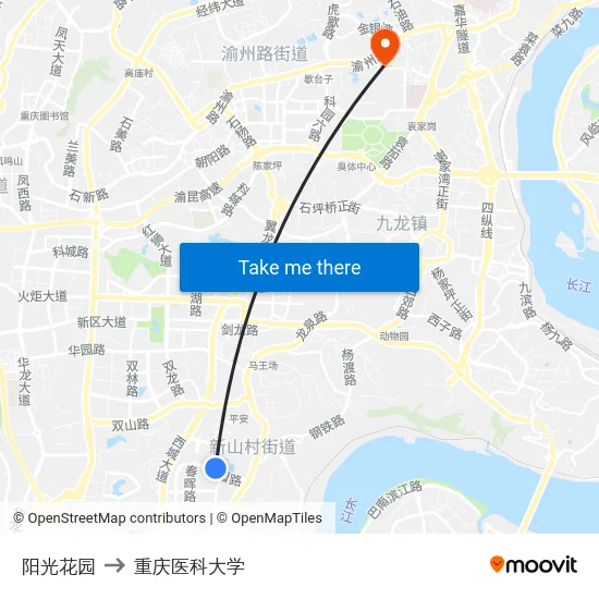 阳光花园 to 重庆医科大学 map