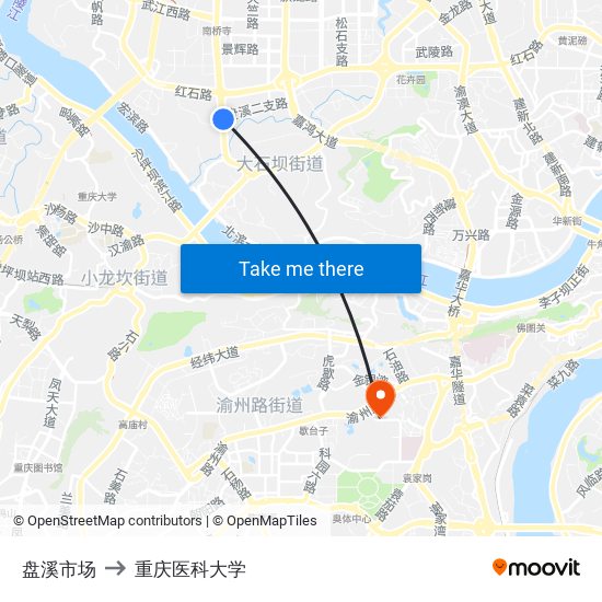 盘溪市场 to 重庆医科大学 map