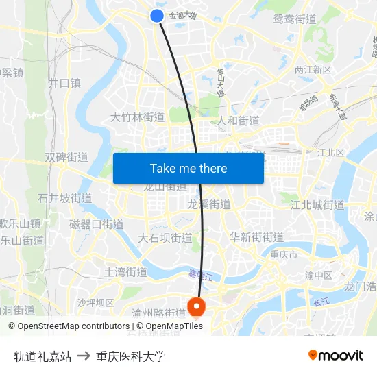 轨道礼嘉站 to 重庆医科大学 map