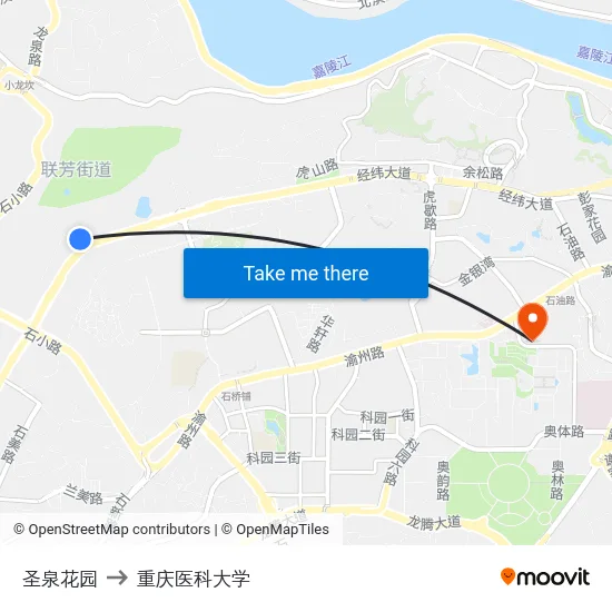 圣泉花园 to 重庆医科大学 map