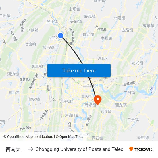 西南大学北门 to Chongqing University of Posts and Telecommunications Hotel map