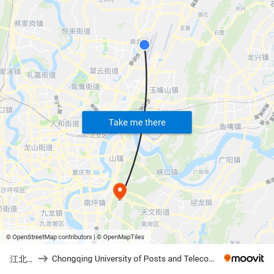 江北机场 to Chongqing University of Posts and Telecommunications Hotel map