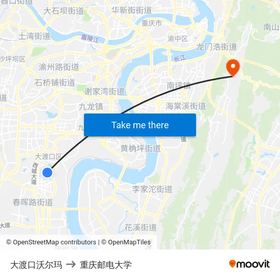 大渡口沃尔玛 to 重庆邮电大学 map
