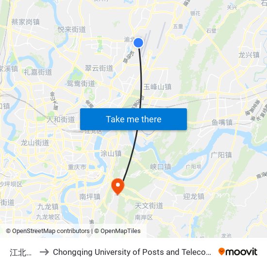 江北机场 to Chongqing University of Posts and Telecommunications map