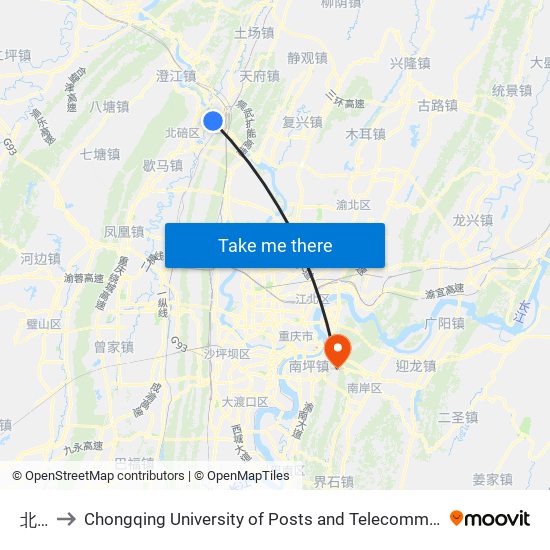 北碚 to Chongqing University of Posts and Telecommunications map