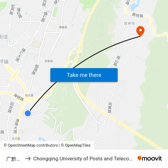 Guangqian Intersection to Chongqing University of Posts and Telecommunications map