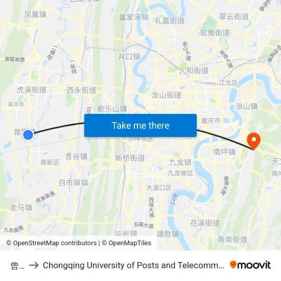 曾家 to Chongqing University of Posts and Telecommunications map