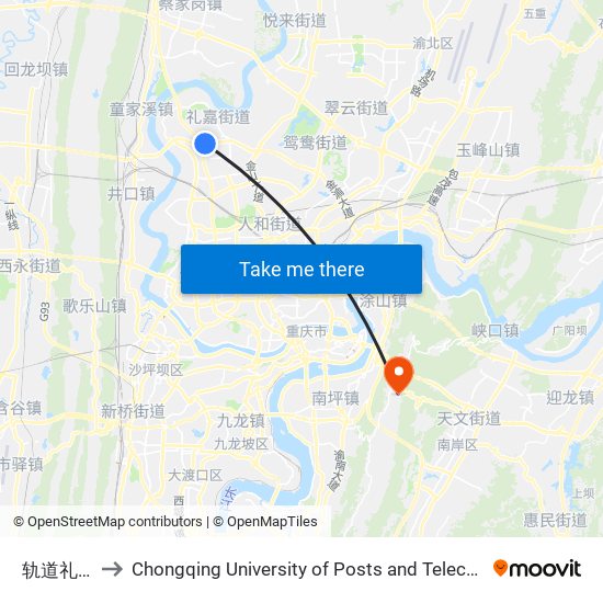 轨道礼嘉站 to Chongqing University of Posts and Telecommunications map