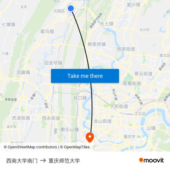 西南大学南门 to 重庆师范大学 map