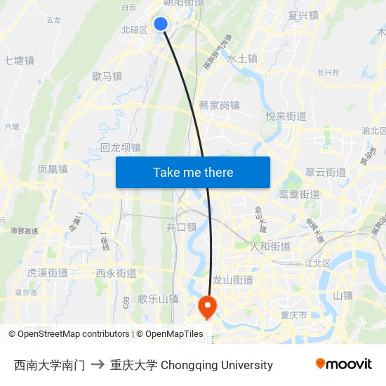 西南大学南门 to 重庆大学 Chongqing University map