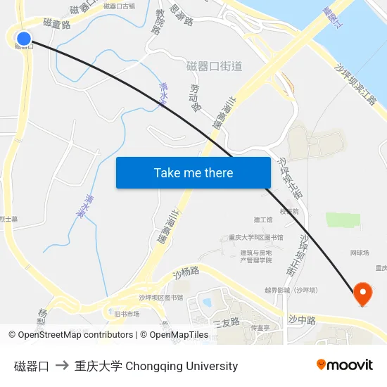 磁器口 to 重庆大学 Chongqing University map
