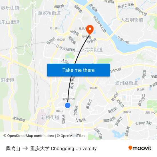 凤鸣山 to 重庆大学 Chongqing University map