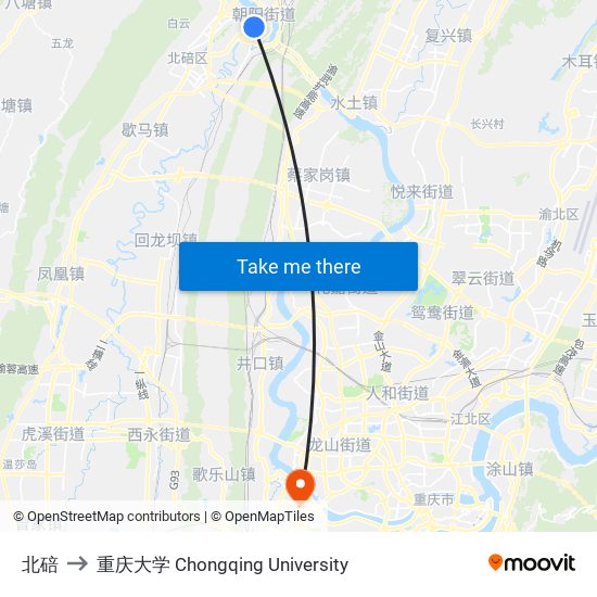 北碚 to 重庆大学 Chongqing University map