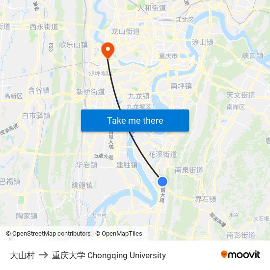 大山村 to 重庆大学 Chongqing University map