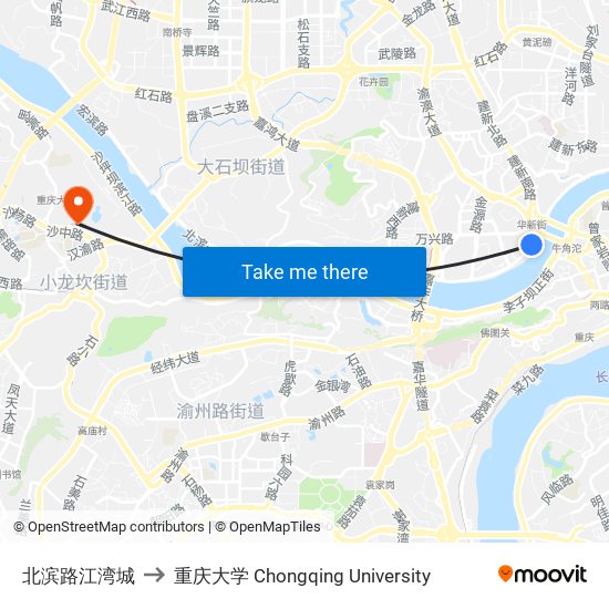 北滨路江湾城 to 重庆大学 Chongqing University map