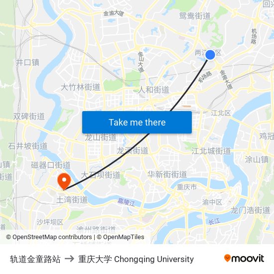 轨道金童路站 to 重庆大学 Chongqing University map