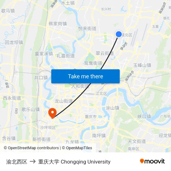 渝北西区 to 重庆大学 Chongqing University map