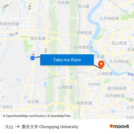 大山 to 重庆大学 Chongqing University map