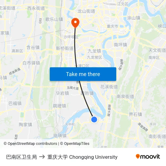 巴南区卫生局 to 重庆大学 Chongqing University map