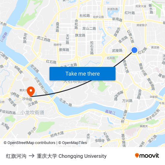 红旗河沟 to 重庆大学 Chongqing University map