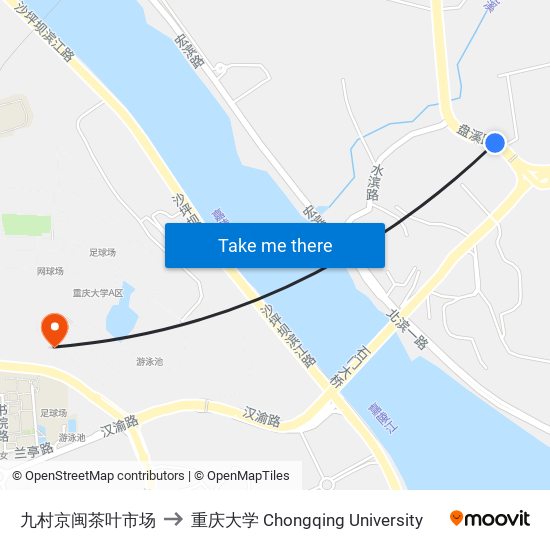 九村京闽茶叶市场 to 重庆大学 Chongqing University map