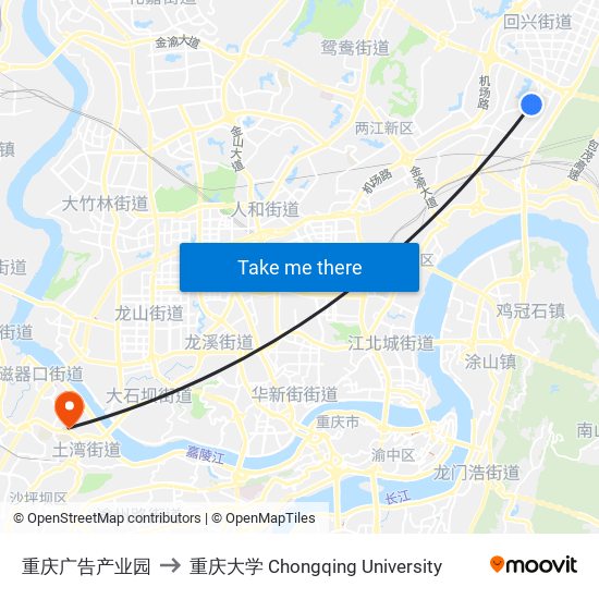 重庆广告产业园 to 重庆大学 Chongqing University map