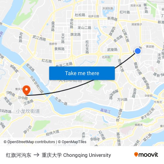 红旗河沟东 to 重庆大学 Chongqing University map
