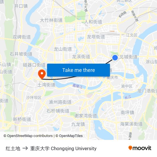 红土地 to 重庆大学 Chongqing University map