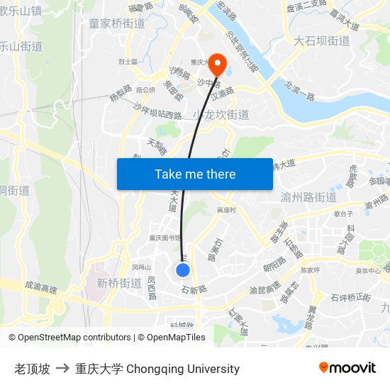 老顶坡 to 重庆大学 Chongqing University map