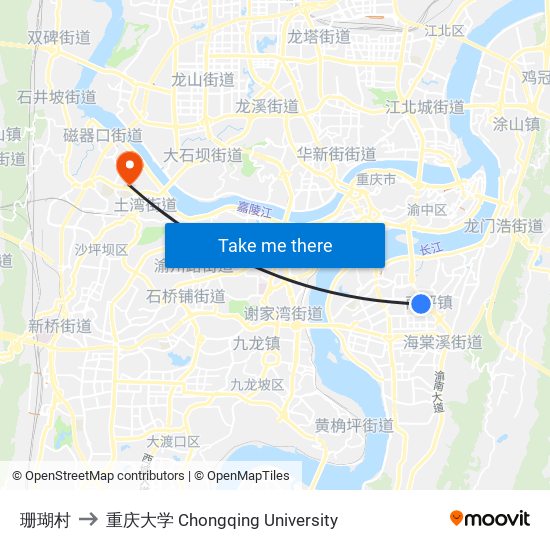 珊瑚村 to 重庆大学 Chongqing University map