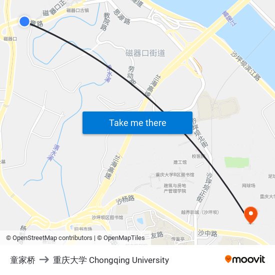 童家桥 to 重庆大学 Chongqing University map
