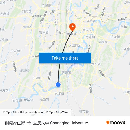 铜罐驿正街 to 重庆大学 Chongqing University map