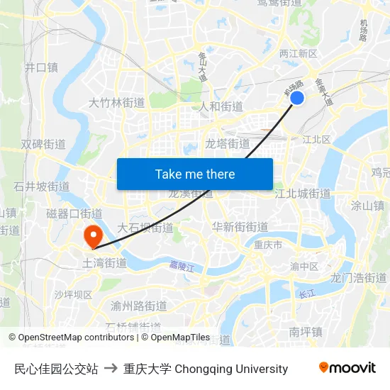 民心佳园公交站 to 重庆大学 Chongqing University map