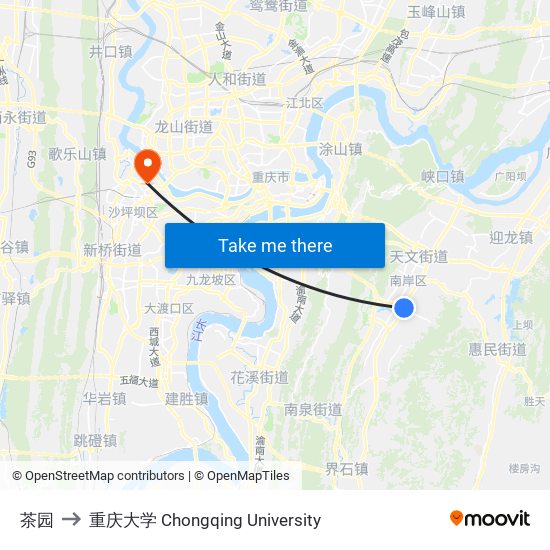 茶园 to 重庆大学 Chongqing University map