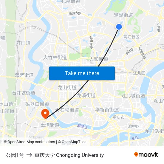 公园1号 to 重庆大学 Chongqing University map