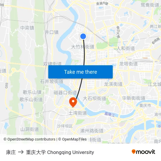 康庄 to 重庆大学 Chongqing University map