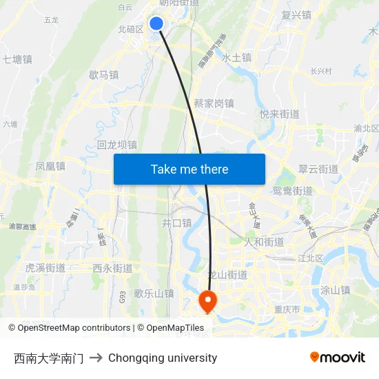 西南大学南门 to Chongqing university map