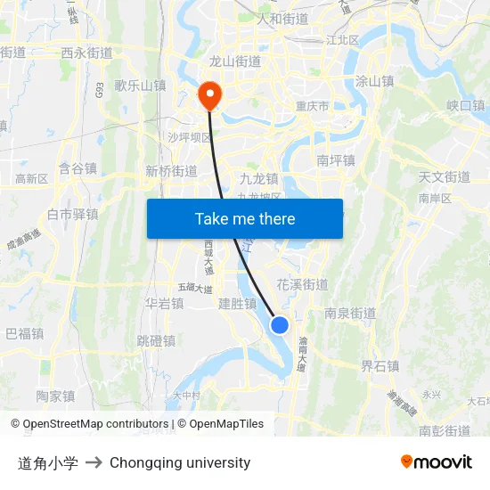 道角小学 to Chongqing university map