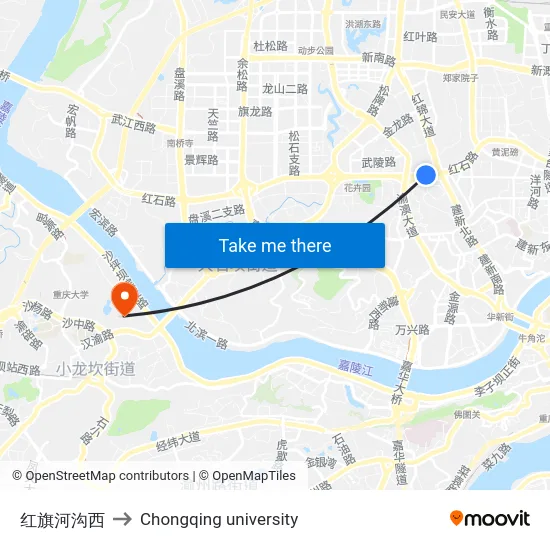 红旗河沟西 to Chongqing university map